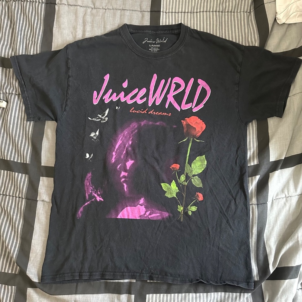 999 Juice WRLD Shirt Large Lucid Dreams Short Sleeve Rose Hip Hop Rap Black‎